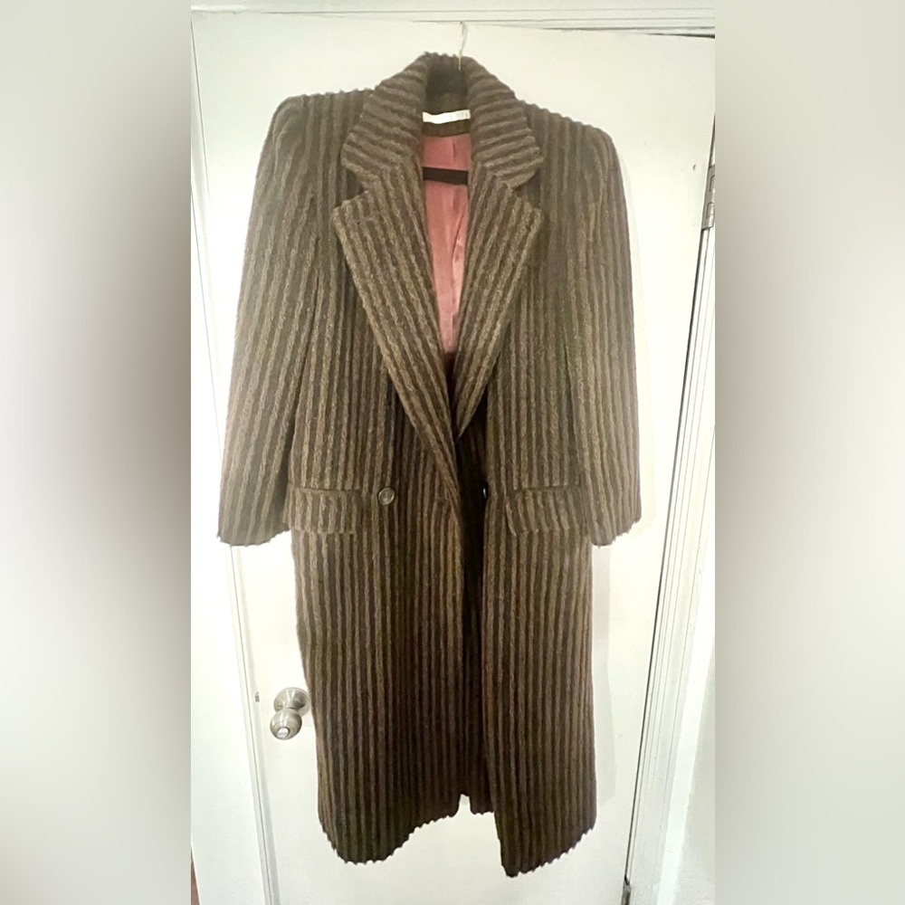 Perry Ellis Vintage Brown & Gray Pinstripe Wool Coat